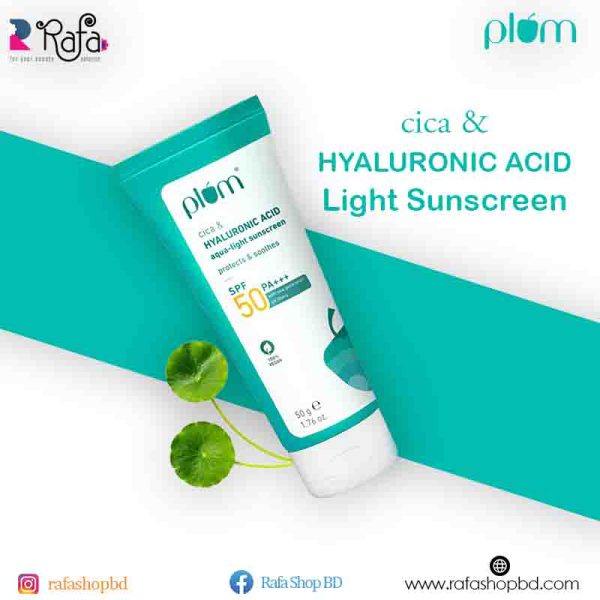 Plum Cica & Hyaluronic Acid Aqua-Light Sunscreen SPF 50 PA+++ | No White Cast, Lightweight, Non-Sticky | Safe, New Generation UV Filters | Dermat-Tested | Blue Light Protection | Sunscreen For Women & Men | 100% Vegan | 50 g